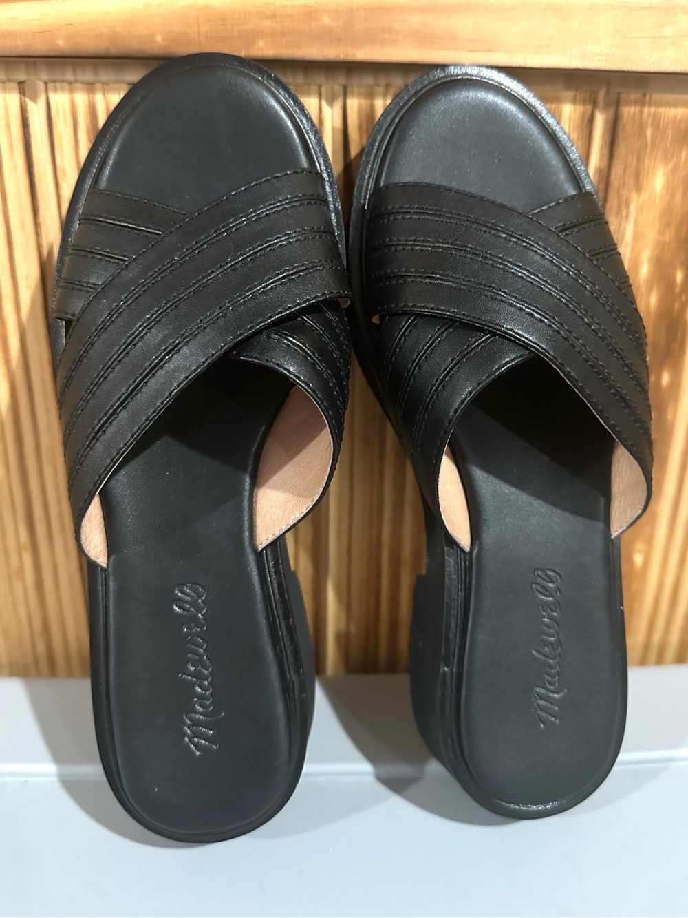 Madewell The Alina Platform Black Crisscross Leather Slide Sandals size 6.5